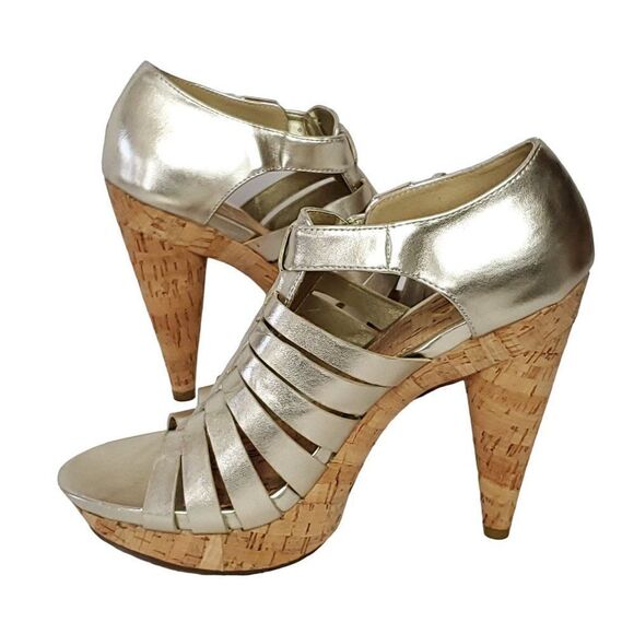 Mia Strappy Heels 9.5 Metallic Gold Open Toe Cone Heel Evening Dance Party - Picture 7 of 8